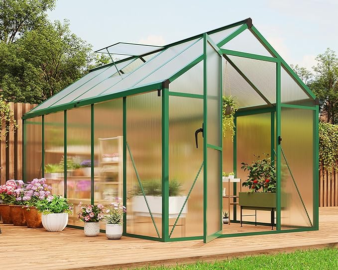6 x 10 ft Greenhouse, Greenhouses for Outside, Polycarbonate Greenhouse with Aluminum Frame, Lockable Door and Ajustable Roof Vent for Backyard, Green Houses for Outside Garden Backyard, Patio