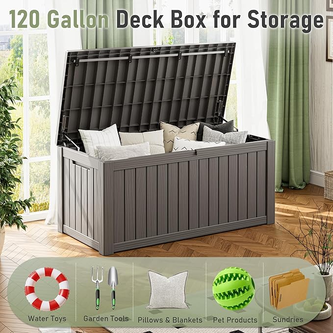 Deck Box, 120 Gallon Outdoor Storage Box Lockable Patio Waterproof for Furniture, Garden Tools, Sports Equipment and Pool Supplies, Waterproof, Resin, Lockable