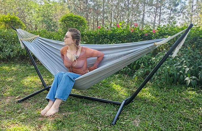 GOCAN Double Hammock 2 Person Large 220x150cm with Steel Stand and Removable Spreader bar Load 500lb, Canvas Cotton Hammocks for Patio Porch Garden Backyard Outdoor and Indoor