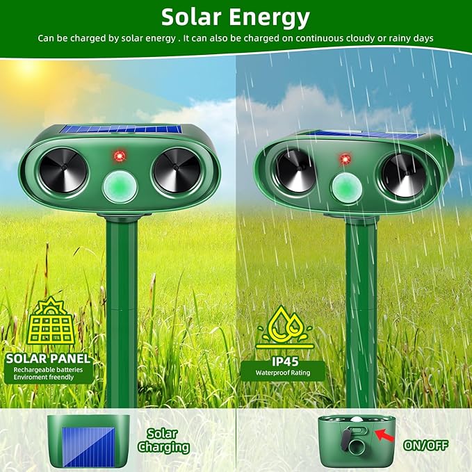 2 Pack Solar Ultrasonic Cat Repellent Outdoor, Waterproof Solar Animal Repellent for Garden, Ultrasonic Deer Deterrent Devices for Yard Lawn to Scare Rabbit, Dog, Squirre, Raccoon, Skunk (2)