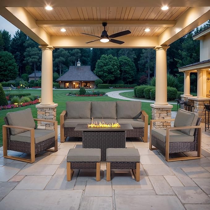 Belord 6 Piece Outdoor Patio Furniture Set with Propane Fire Pit Table, Wicker Patio Conversation Set with2 Patio Wicker Chairs Rattan Sofa and Removable 4" Thick Cushions for Deck Backyard