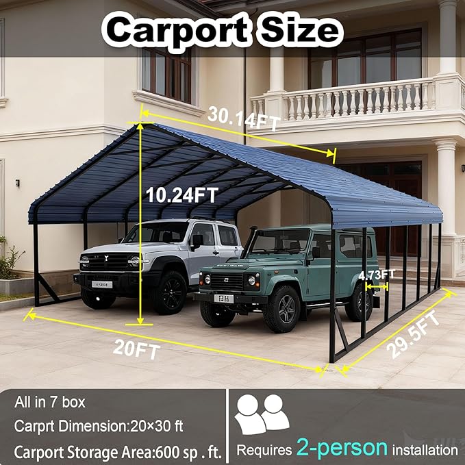 20x30 ft Metal Carport & Portable Garage, Heavy Duty with Galvanized Steel Roof & Frame - Large Tall Carports Canopy for Snow, Grey for Outdoor Garages