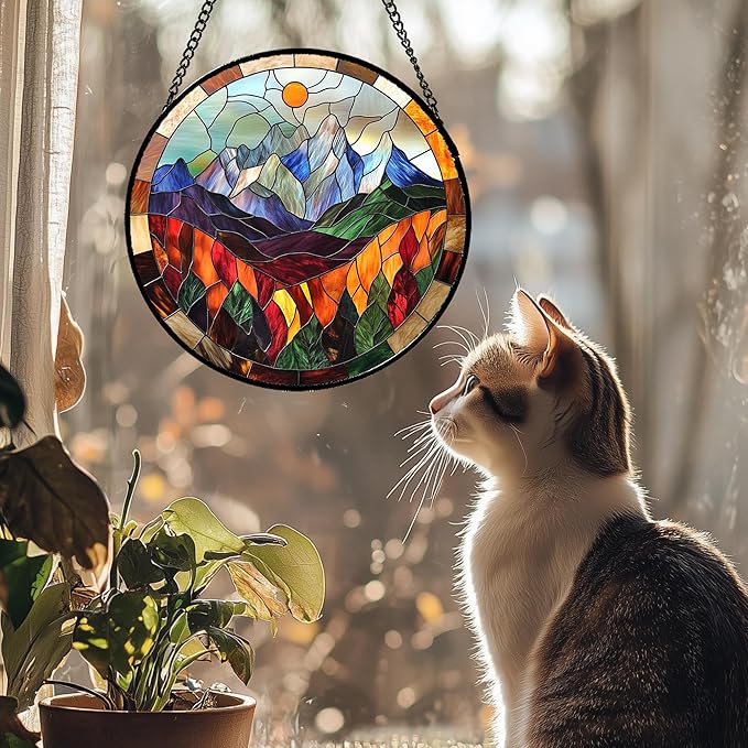 QZQCBLC Stained Glass Window Hanging Orange Sun Colorful Mountains Landscape Large 11.8" - Suncatcher Door Garden Sun Catcher Home Decor Birthday Christmas for Mom Men Woman Friend