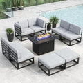 LayinSun Large Aluminum Patio Furniture Set with Fire Pit Table, 9 Pieces Modern Outdoor Conversation Set Sectional Metal Sofa Set with Olefin Cushion