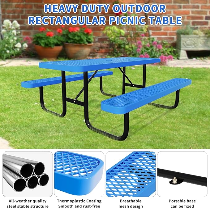 48'' Rectangular Steel Picnic Table for Outdoors,Commercial Metal Picnic Table Bench Set with Umbrella Hole,School Canteen Table W/Seats - Heavy Duty Sturdy Picnic Tables Furniture for Patio Garden