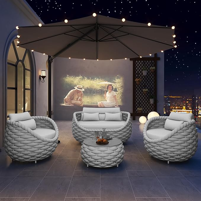 TWT Aluminum Outdoor Patio Furniture Set with Coffee Table, 6 Piece Patio Conversation Sets with Washable Cushions Covers, Patio Sectional Furniture Set for Porch, Balcony, Deck, Yard, Light Grey