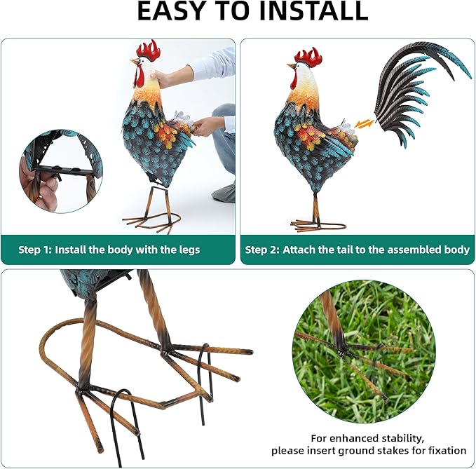 Ultym 32in Metal Rooster Decor, Outdoor Garden Statues, Metal Chicken Sculpture for Backyard Patio Garden Kitchen Décor