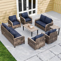 EAGLE PEAK Modern Wicker Outdoor Patio Furniture Set, Patio Conversation Set, 2 Chairs, 2 Swivel Rocker Chairs, 3-Seat Sofa, Loveseat, Coffee Table and Side Table, 8 Pieces, Brown/Blue