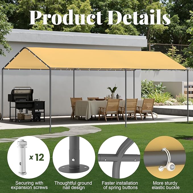 Carport, 10‘ x 20’ Heavy Duty Portable Garage All-Season Car Canopy, Outdoor Garage Boat Shelter Carport Canopy Party Tent w/Water-Resistant Tarp for Backyard (Yellow, 10' x 20' /no Side)