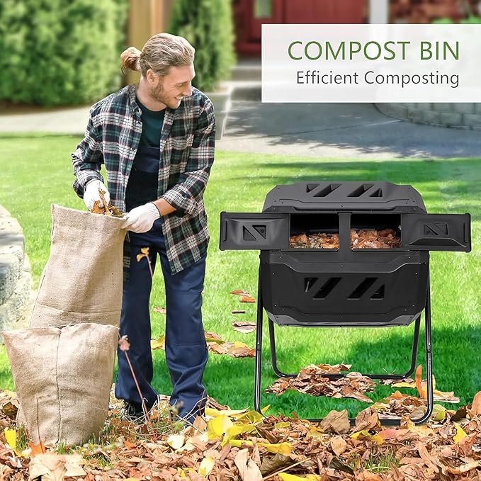 Saicool 43 Gallon Large Composting Tumbler Dual Chamber Outdoor Garden Rotating Compost Bin Tumbling Composter with Sliding Door,Black