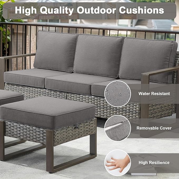 Belord 5 Piece Outdoor Wicker Patio Conversation Furniture Set Deep Seating, Metal Wide Armrests Patio Sofa Set with Rattan Chairs Ottomans for Porch Deck Sunroom Backyard