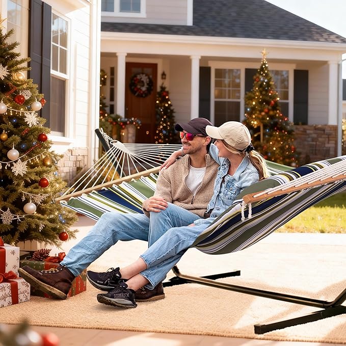 SUNCREAT Double Hammock, Extra Large Quilted Fabric Swing with Hardwood Spreader Bars & Detachable Pillow, Heavy Duty, Perfect for Indoor/Outdoor Patio, Deck, Yard, Blue&Aqua
