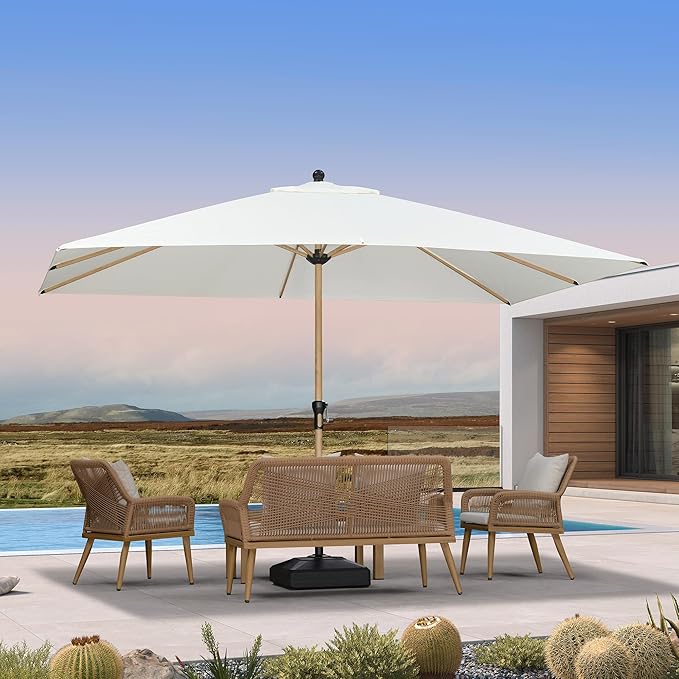 PURPLE LEAF 9' x 11.5' Patio Umbrella with Base Outdoor Umbrella Market Umbrella with Crank & 8 Ribs Aluminum Rectangular Table Umbrella Outdoor Patio for Backyard, Cream