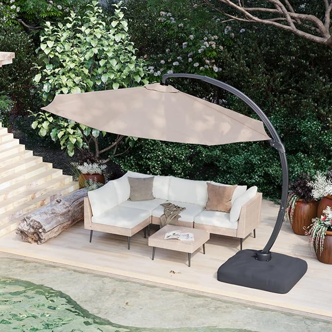 ENSTVER 12FT Cantilever Patio Umbrella With Base Included, Round Large Aluminum Outdoor Cantilever, Heavy Duty Offset Umbrella with 360°Rotation for Pool, Deck, Backyard, Garden(Champagne)