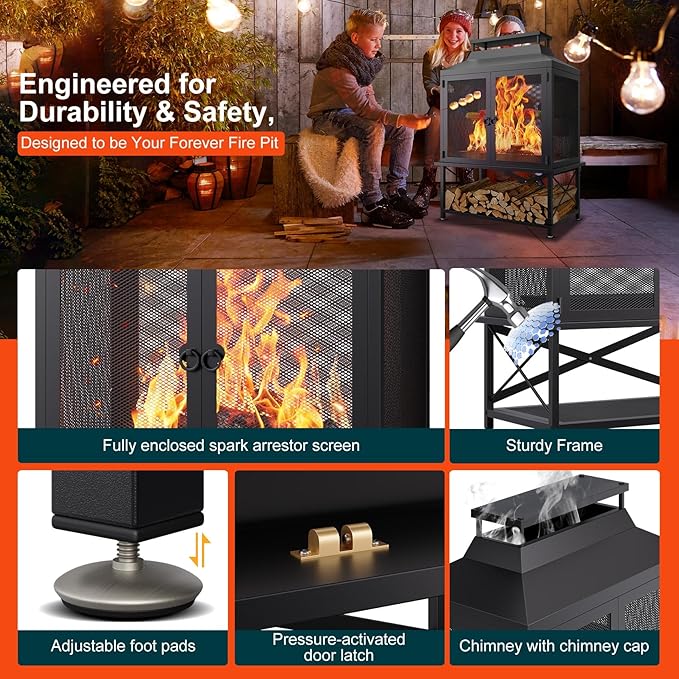 Fire Pits for Outside Wood Burning - 39" H Square Metal Outdoor Chiminea Fireplace with Grill, Mesh Spark Screen & Fire Poker, Ideal for Garden, Backyard, Patio, Party, Camping, Picnic, BBQ, Bonfire
