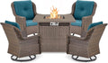 Outdoor Patio Swivel Gliders with Fire Pit Table 5 Piece Set - High Back Brown Wicker Rattan Rocking Chair with Thick Cushion for Porch Apartment Deck Yard Poolside Garden - Peacock Blue