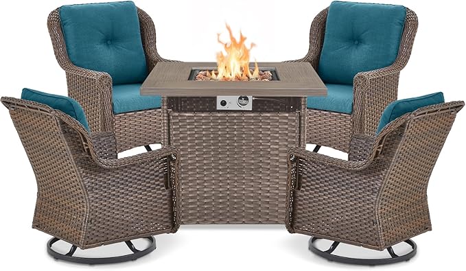 Outdoor Patio Swivel Gliders with Fire Pit Table 5 Piece Set - High Back Brown Wicker Rattan Rocking Chair with Thick Cushion for Porch Apartment Deck Yard Poolside Garden - Peacock Blue