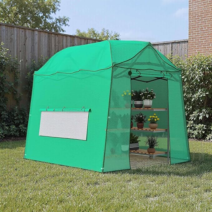 8.5 x 7 ft Large Walk-in Pop-Up Greenhouse, Portable Plant Tent with 4 Zipper Doors & 3 Height Adjustments, Heavy-Duty PE Cover for Outdoor/Indoor Use in All Weather
