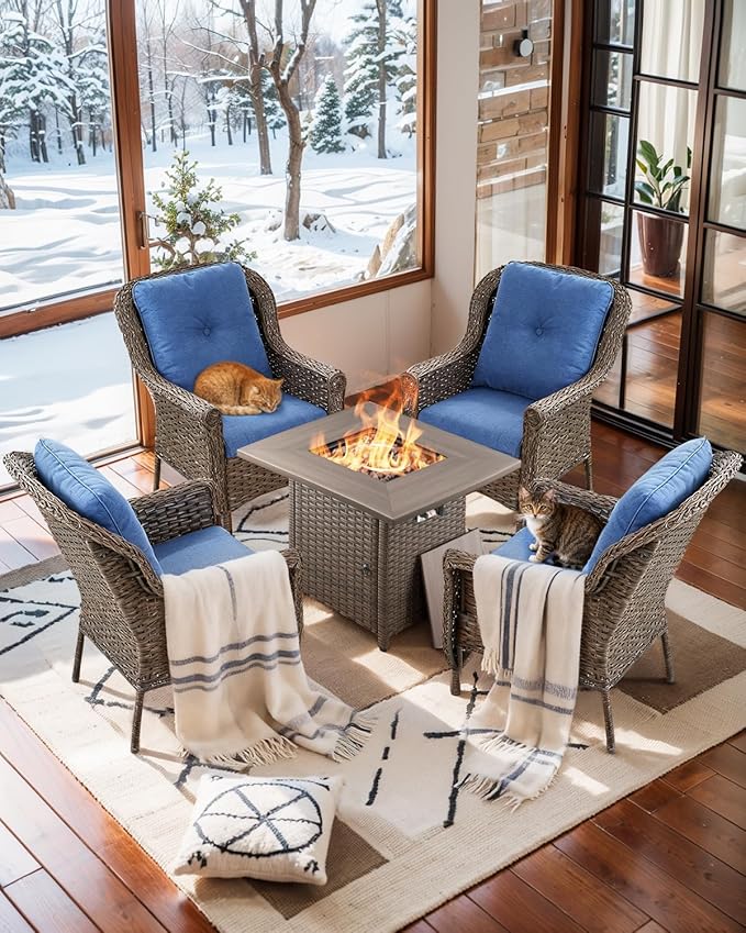 Outdoor Patio Chairs with Fire Pit Table 5 Piece Set - High Back Brown Wicker Rattan Lawn Chair with Thick Cushion for Porch Apartment Deck Yard Poolside Garden - Navy Blue