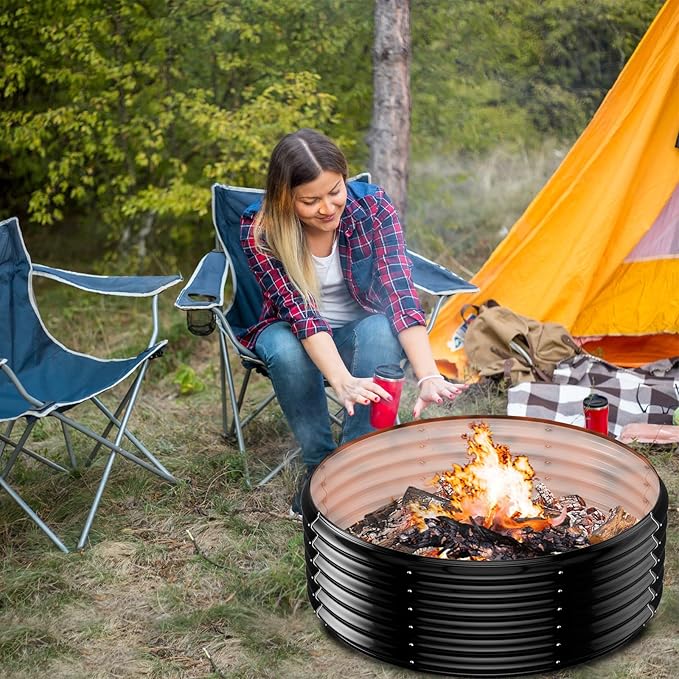 32 Inch Outdoor Fire Pit Ring,17'' Taller High Heat Resistant Wood Burning Firepit & Fireplace for Outside, Heavy Duty Galvanized Steel Fire Pits Bowl for Backyard Bonfire, Patio, Camping, Round