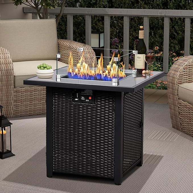 28'' Gas Fire Pit Table, Outdoor Square Fire Pit Table with Cover, Glass Wind Guard & Glass Rock, 60000 BTU Stainless Steel H-Burner Fire Pit Tables for Outside Patio Backyard Garden (Square)