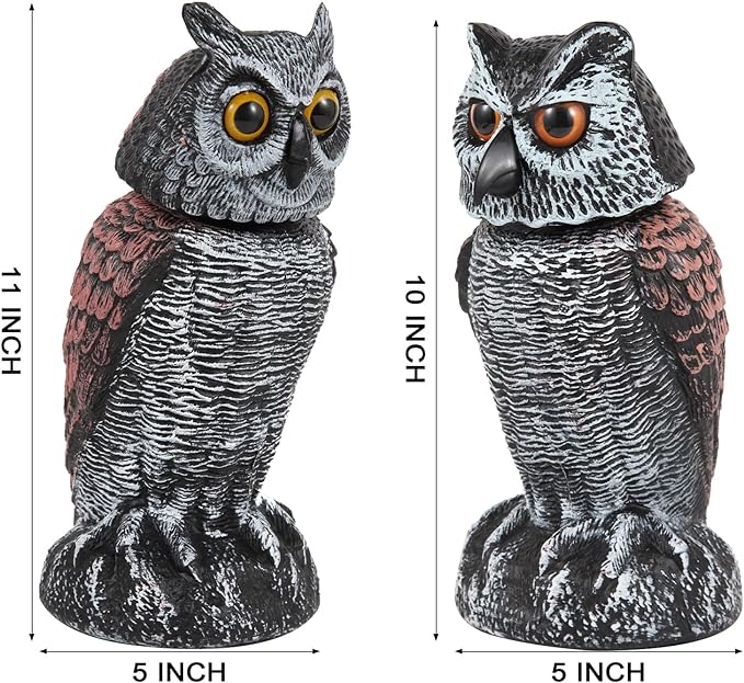 Hedoc 2 Pack Fake Owl Decoys to Scare Birds Away, Rotating Head Bird Deterrents, Nature Enemy Scarecrow Plastic Statues, Pest Repellent for Gardens and Patios