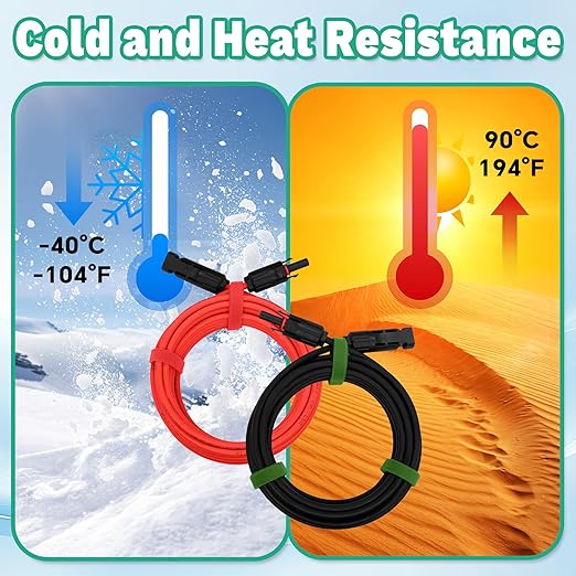 25 FT Solar Extension Cable, 10 AWG(6 mm²) Solar Panel Wire with 2 Pairs Female and Male Solar Connectors, PV Cable for Home, Boat, RV, Travel, Photovoltaic Systems(25FT Red + 25FT Black)