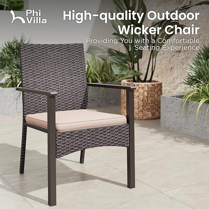 PHI VILLA Outdoor Dining Set for 8, Rectangular Rattan Table with Acacia Wood Top & Wicker Chairs with Cushions, 74” Large Modern Furniture Set for Patio, Deck, Backyard, Porch