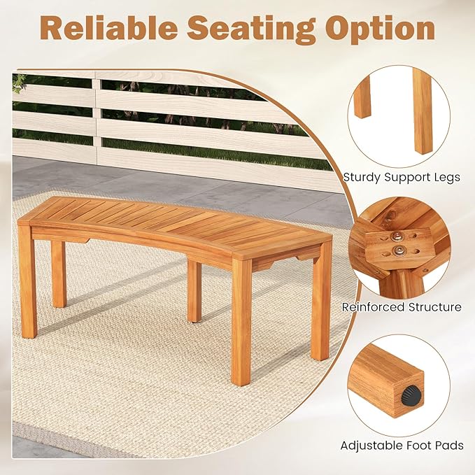 RELAX4LIFE Wooden Outdoor Curved Bench - Acacia Wood Garden Bench w/Slatted Seat, 2-Person Outside Backless Seating for Porch Backyard Deck Park, 800 LBS Load Capacity, Patio Fire Pit Bench (7, 45'')