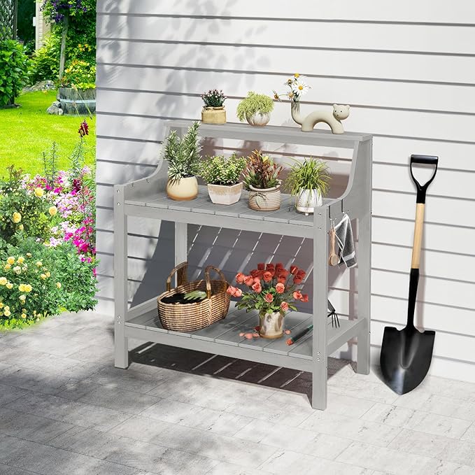 ONBRILL Potting Bench, HDPS Potting Bench with 4 Side Hooks, All-Weather Garden Table Work Station, Outdoor Potting Table for Porch, No Rust, No Fade, No Break, 360lbs Capacity (Grey, Large)