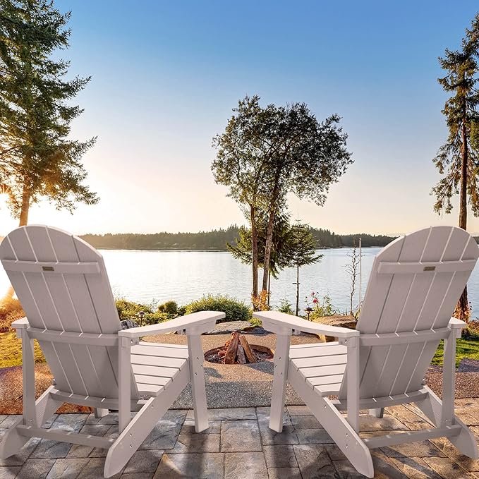 Adirondack Chairs Set of 2, All Weather Resistant Plastic Chairs with Cup Holder, 5 Easy Steps to Install, Outdoor Chairs for Patio, Garden, Backyard Deck, Lawn, Fire Pit - Grey