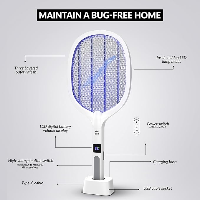 WBM Smart 2 in 1 Electric Bug Zapper, Mosquitoes Trap Lamp & Racket, USB Rechargeable Electric Fly Swatter for Home and Outdoor Powerful Grid 3-Layer Safety Mesh Safe to Touch, Pack of 2