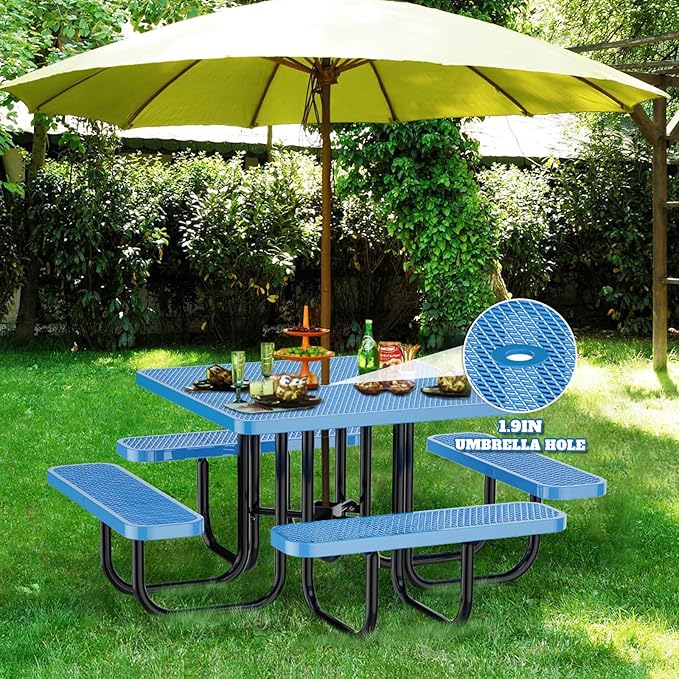 46" Square Top Outdoor Picnic Table Set for Up to 8 Persons, Outside Table Set with 4 Built-in Benches, Metal Commercial Grade Dining Furniture with Umbrella Hole for Garden, Backyard, Patio, Blue