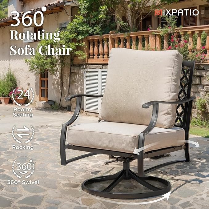 Patio Furniture Set, 6 Pcs Metal Outdoor Conversation Set, 2 Swivel Chairs, 2 Ottomans and 3 Seater Sofa with 5.75" Extra Thick Cushion and Gas Fire Pit Table, Beige