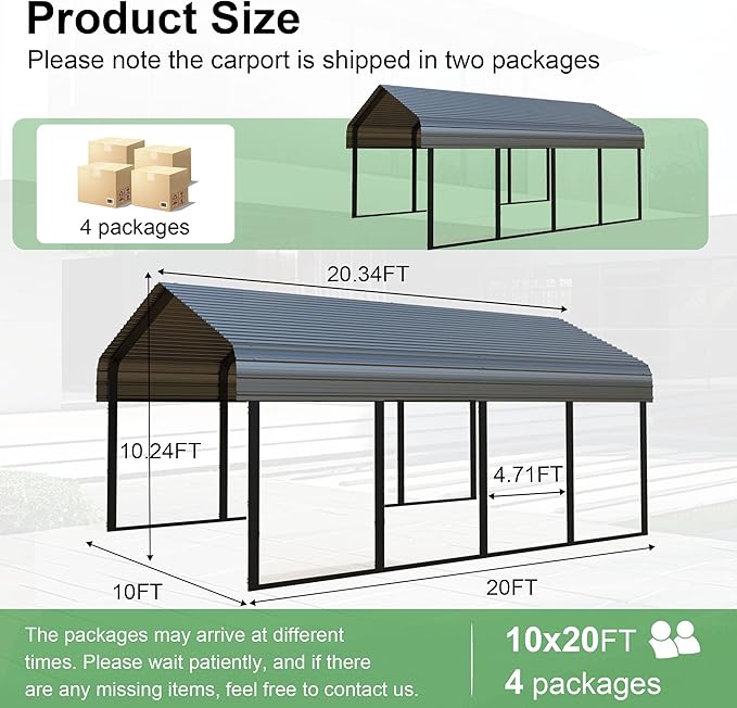 RV Metal 10x20FT Carport Canopy Heavy Duty Carports Kits for Garage,Aluminum Car Ports with Steel Shelter Frame Cover for 1 Car or Boats
