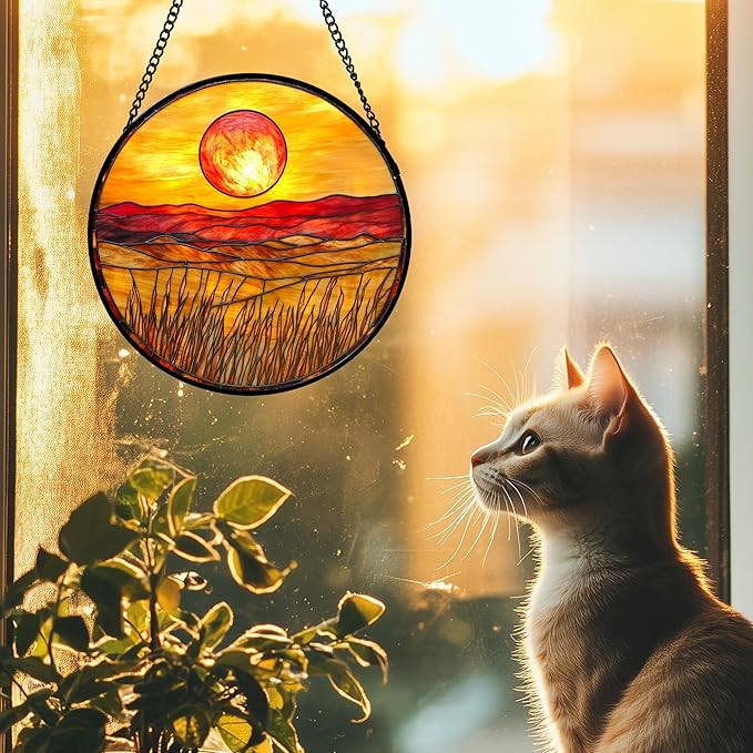 DASTOLL Stained Glass Window Hanging 4 Pcs Set Desert Sunset Theme Landscape 6.3" - Suncatcher Door Garden Sun Catcher Decor Birthday Christmas for Mom Woman Nana Men