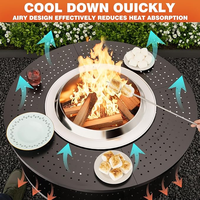 Fire Pit Surround Tabletop for Solo Stove Yukon 1.0 & 2.0, 48" Fire Pit Surround Tabletop with Wood Storage Shelf, Powder-Coated Steel Surround Tabletop with Extra Space with Raised Stand