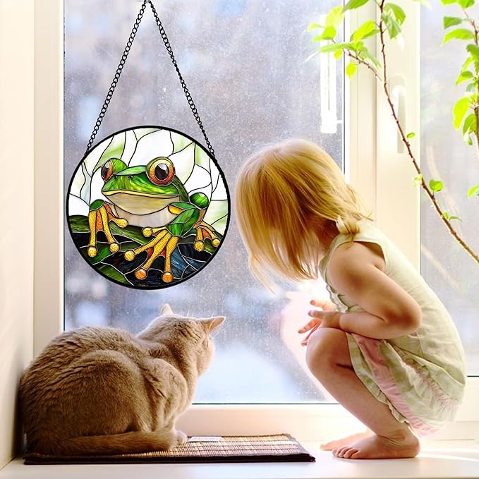 DASTOLL Stained Glass Window Hanging, Green Frog White Petals Sun Catchers Colorful Glass Panel Cute Suncatcher Decor for Birthday for Women, Men, Wife, Aunt, and Mom 11.8x11.8 in