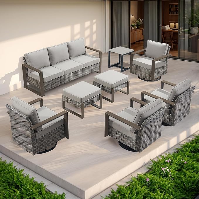 Rilyson Outdoor Wicker Patio Furniture Set - 8 Piece Patio Conversation Set with 4 Wicker Swivel Rocker Chairs,2 Rattan Ottoman 1 Side Table and 1 Couch,Thick Cushions,Deep Seating(Mixed Grey/Grey)