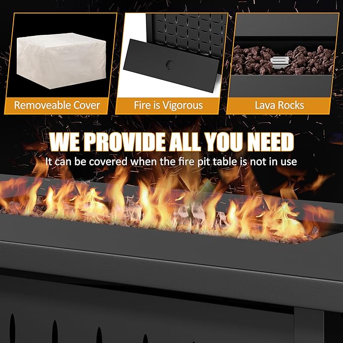 JAMFLY Propane Fire Pit Table, 43'' Gas Fire Pits Table for Outside, 2 in 1 Propane Fire Pit 50,000 BTU with Lava Rocks, Waterproof Cover and Lid