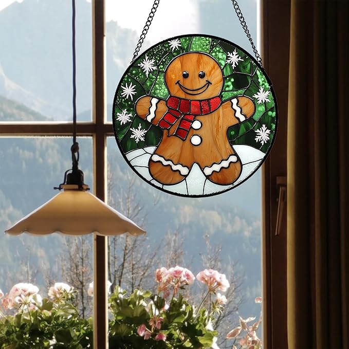 CRISGIF Stained Glass Window Hanging Cute Christmas Gingerbread Man Snowflake Large 11.8" - Suncatcher Door Garden Sun Catcher Home Decor Birthday for Mom Men Woman Nana Friend