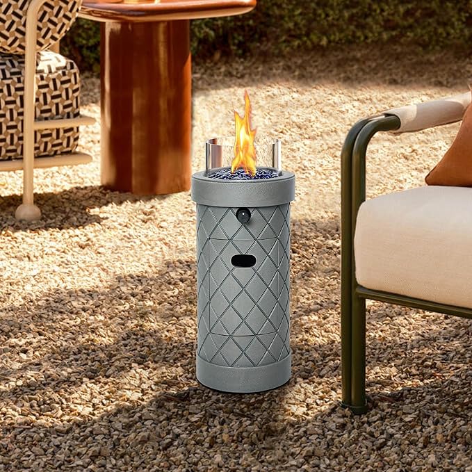 1Lb Column Propane Fire Pit, 10,000 BTU Gas Fire Pit, Outdoor Firepit for Patio w/Wind Glass Shield, Glass Rocks
