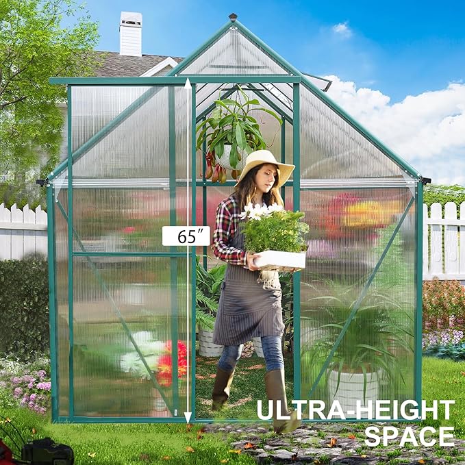 WACASA 10x6 FT Polycarbonate Greenhouse for Outdoors, Heavy Duty Aluminum Greenhouses kit with Rain Gutter, Vent and Lockable Door, Walk-in Green House for Winter, Garden, Patio, Backyard, Green