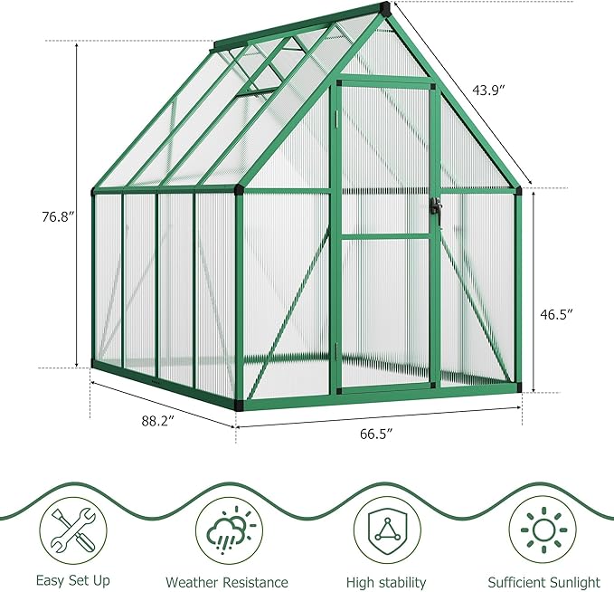 GAOMON 6x7 FT Outdoor Greenhouse with Roof Vent - Heavy Duty Aluminum Polycarbonate Greenhouse, Easy Assembly, Lockable Door, for Patio, Backyard, Garden