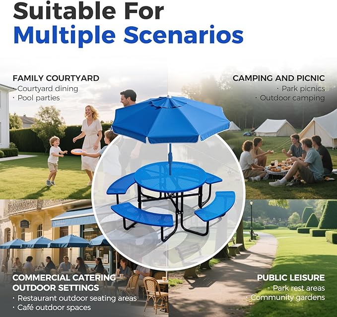 Rueekfil 46" Coated Picnic Table with Umbrella Hole, Heavy Duty Commercial Picnic Table for Outdoors, Family & Party Ready for School Camping, Round, Blue