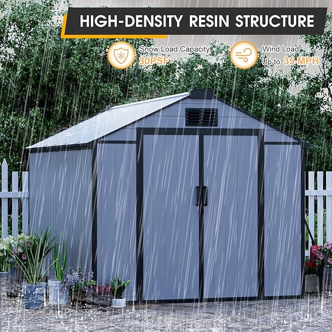 8 x 12 FT Resin Outdoor Storage Shed, All-Weather Plastic Garden Shed with Floor, Lockable Doors & Windows, Plastic Tool Shed for Poolside, Backyard, Patio