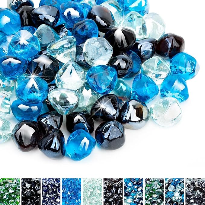 Skyflame 10-Pound Blended Fire Glass Diamonds for Fire Pit Fireplace Landscaping, 1/2 Inch Caribbean Blue, Crystal Ice, Amber Luster