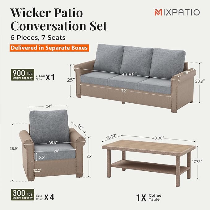 Patio Furniture Set 6 pcs, Wicker Outdoor Patio Furniture, 3-Seat Sofa, 4 Single Chairs and Coffee Table, Rattan Patio Conversation Set for Backyard Deck, Grey
