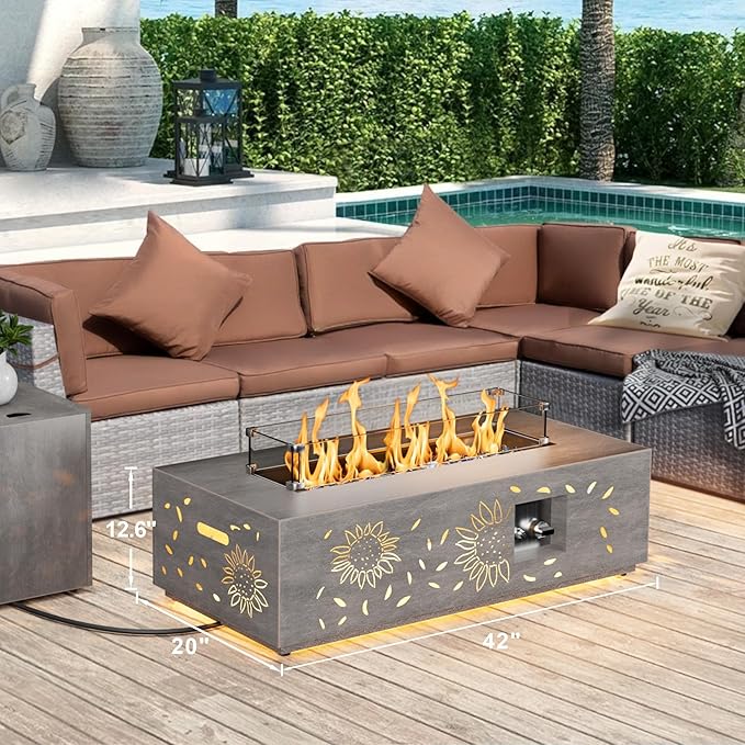 Dineli 2-Piece Outdoor Propane Fire Pit Table Set w Tank Table 42'' Rectangular Gas Fire Pits for Outside Patio Fire Table w LED, 50,000 BTU (Gray, Sunflower Pattern with Warmlight)