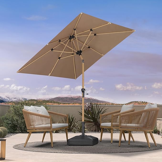 PURPLE LEAF 6.5' x 6.5' Patio Umbrella with Base Square Outdoor Table Umbrella Market Umbrella with Push Button Tilt & Crank and 8 Ribs Aluminum Outdoor Umbrella for Pool Backyard Beach, Taupe